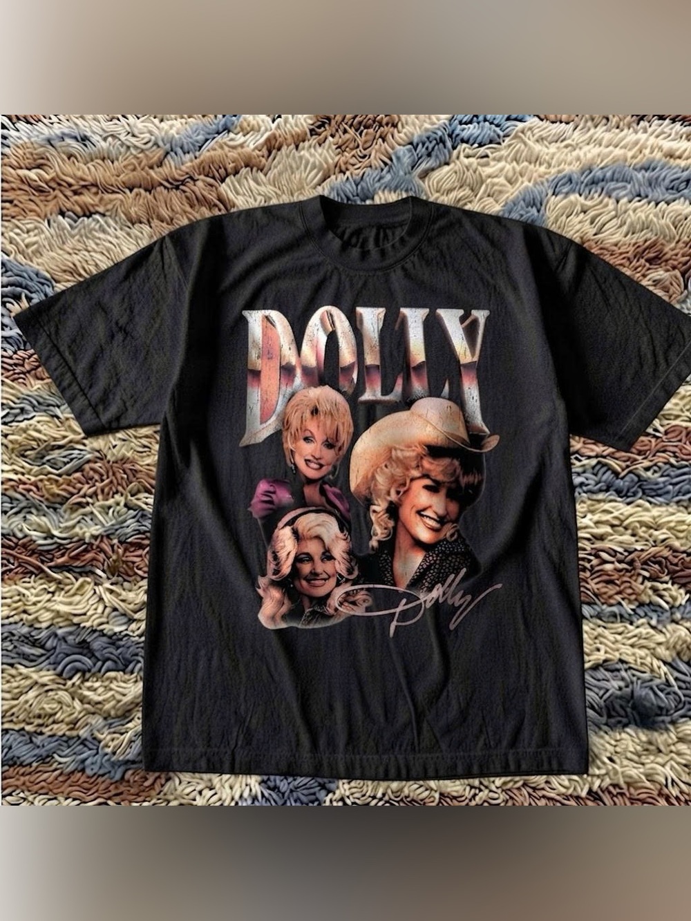 Vintage 80s Black Tee with Dolly Parton Portraits and Retro Script